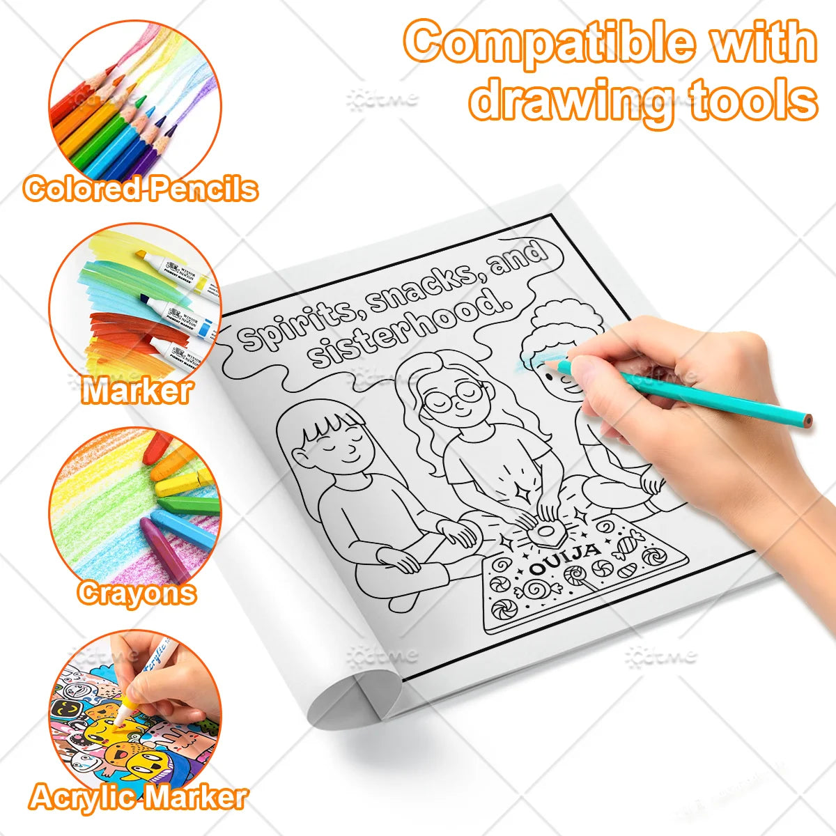 A coloring book featuring spooky scenes and characters, shown alongside various drawing tools like colored pencils, markers, 