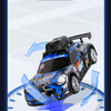 A black remote control car with a large camera mounted on the front, shown in a dynamic pose above a blue clock face.