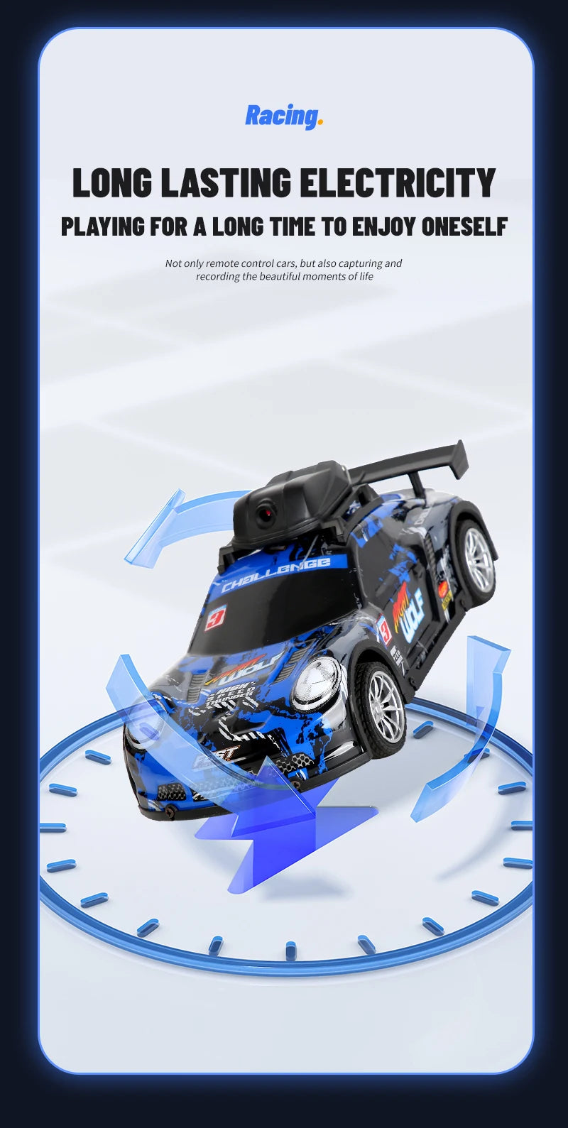 A black remote control car with a large camera mounted on the front, shown in a dynamic pose above a blue clock face.