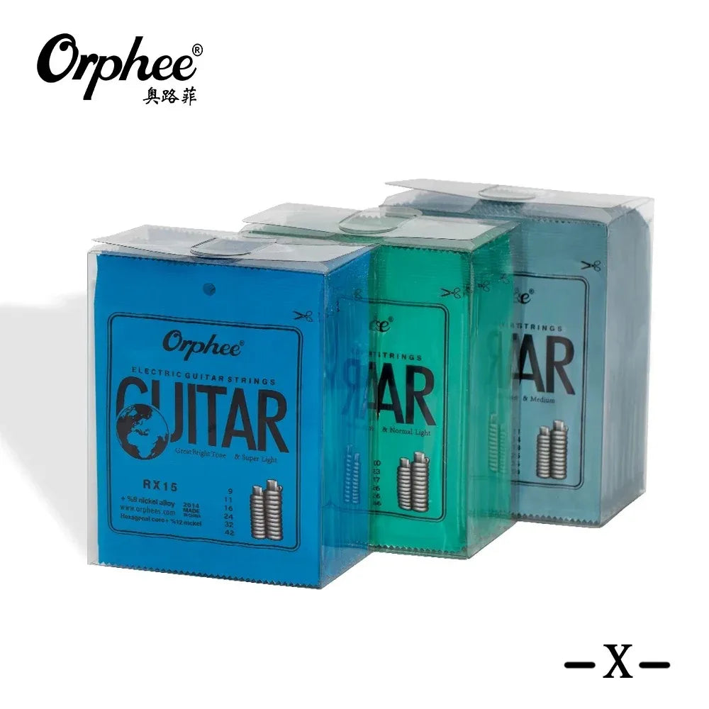 A set of Orphee electric guitar strings in a blue and green packaging box.