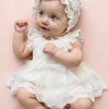 A baby girl wearing a white lace tulle dress and matching hat, sitting on a pink background.