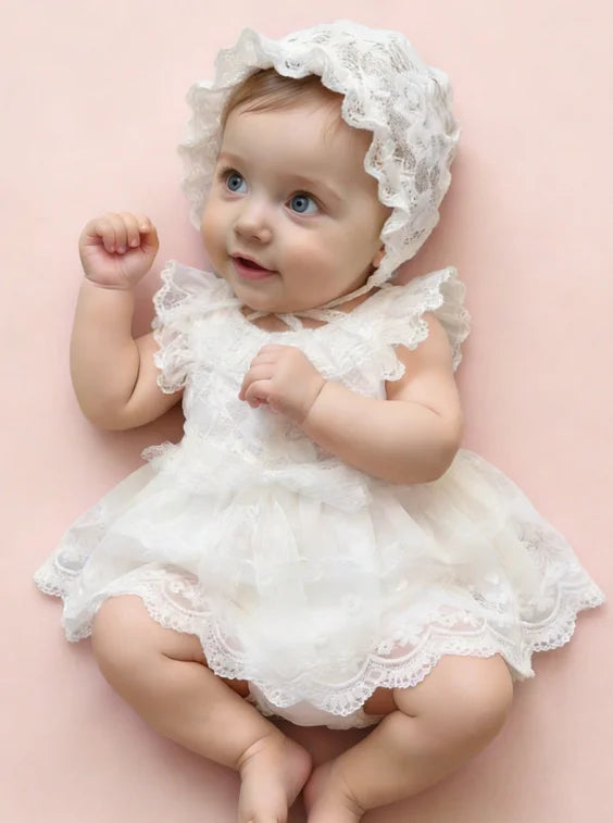 A baby girl wearing a white lace tulle dress and matching hat, sitting on a pink background.