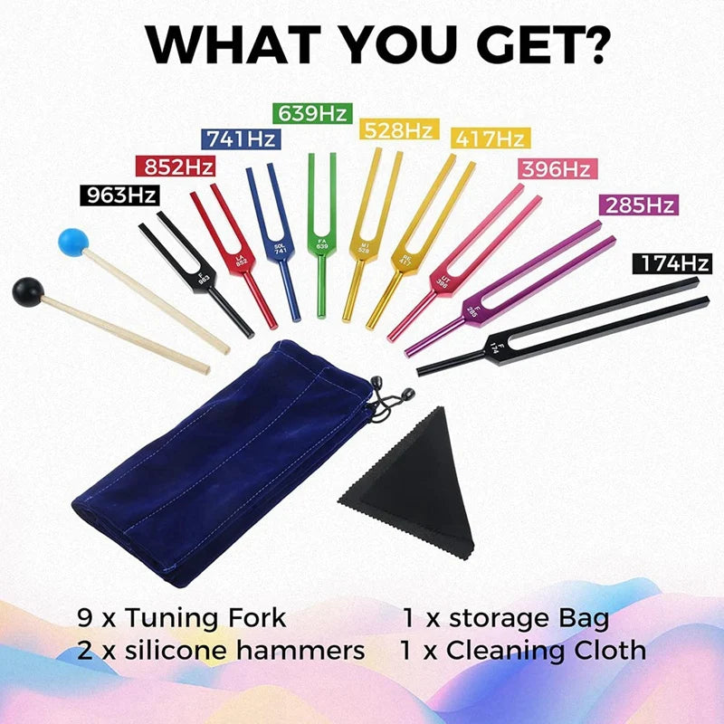 9-Piece Color Tuning Fork Set for Sound Healing and Chakra Balancing