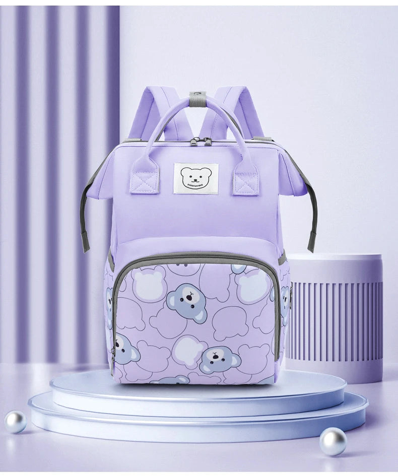 Waterproof Diaper Bag Backpack with Printed Bear Design