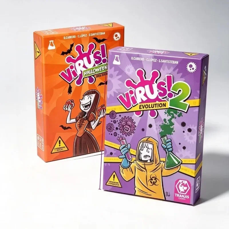A box set for the Virus card game featuring a Halloween expansion and an Evolution set.