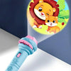 A light blue kids projection flashlight with animal patterns is shown against a dark background.