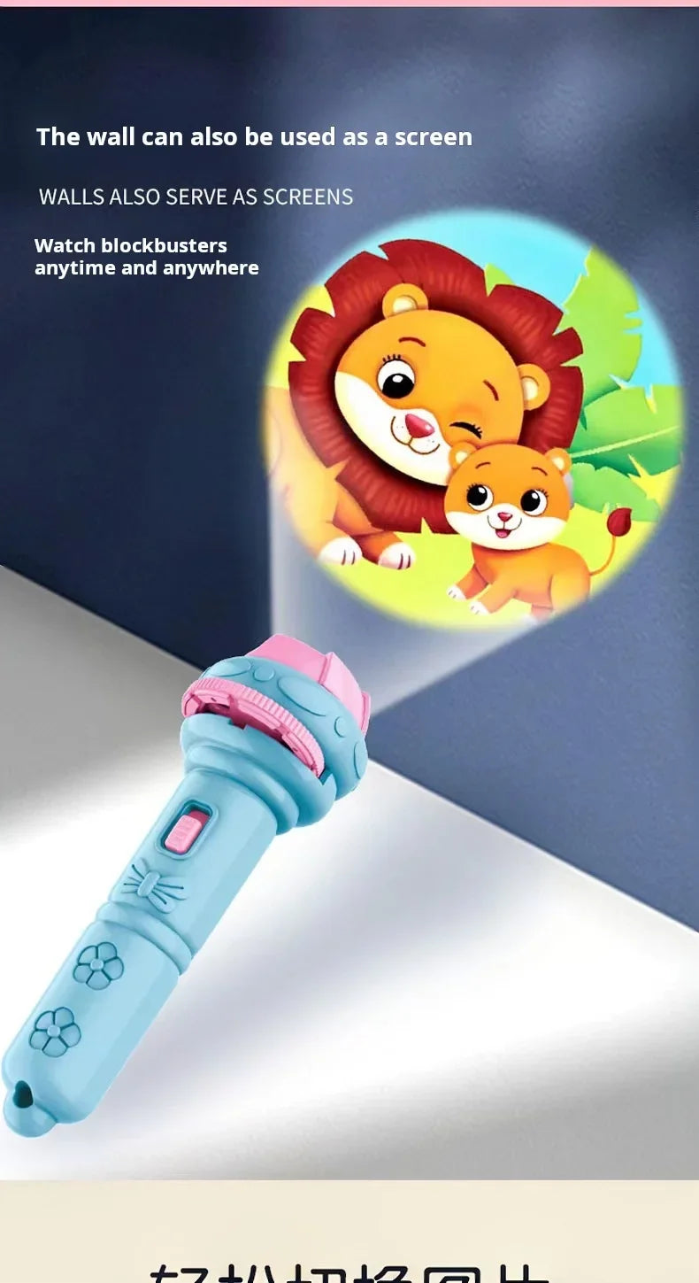 A light blue kids projection flashlight with animal patterns is shown against a dark background.