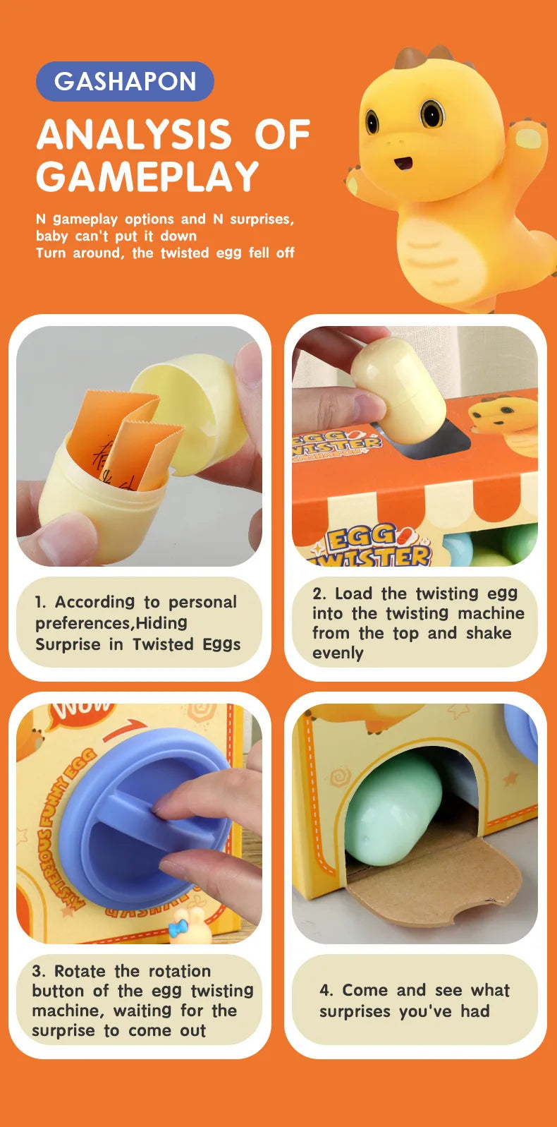 A set of twisted eggs and a machine used to reveal surprises for kids.