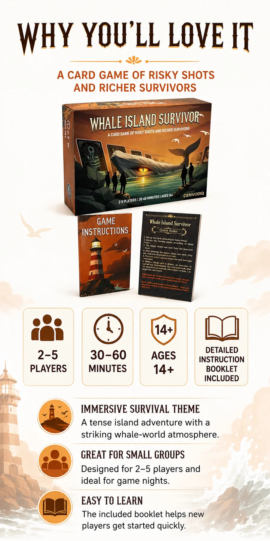 Box art for Whale Island Survivor a card game featuring a tense island adventure theme