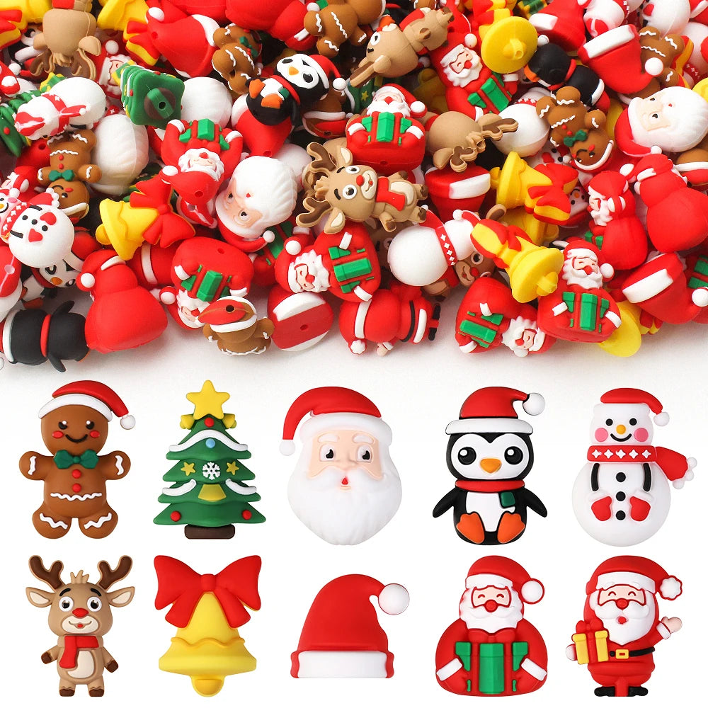 A collection of red and gold silicone beads shaped like Santa figures, reindeer, and Christmas trees for craft jewelry.