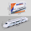 A model electric high-speed railway train toy in white and blue, shown from the side.