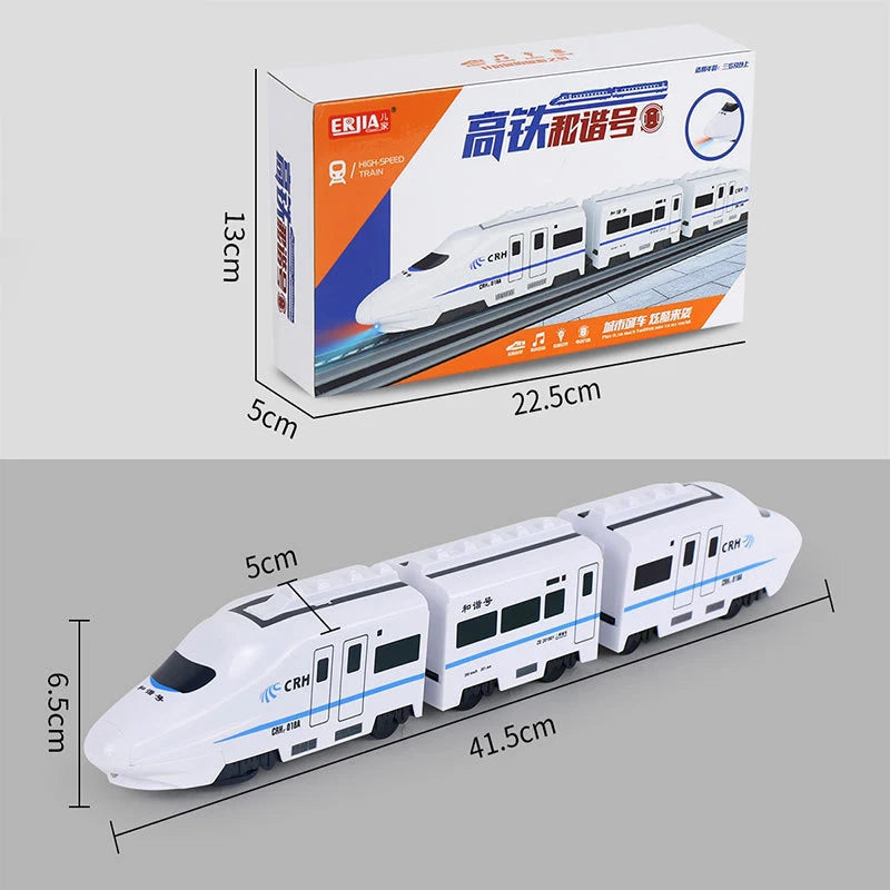A model electric high-speed railway train toy in white and blue, shown from the side.