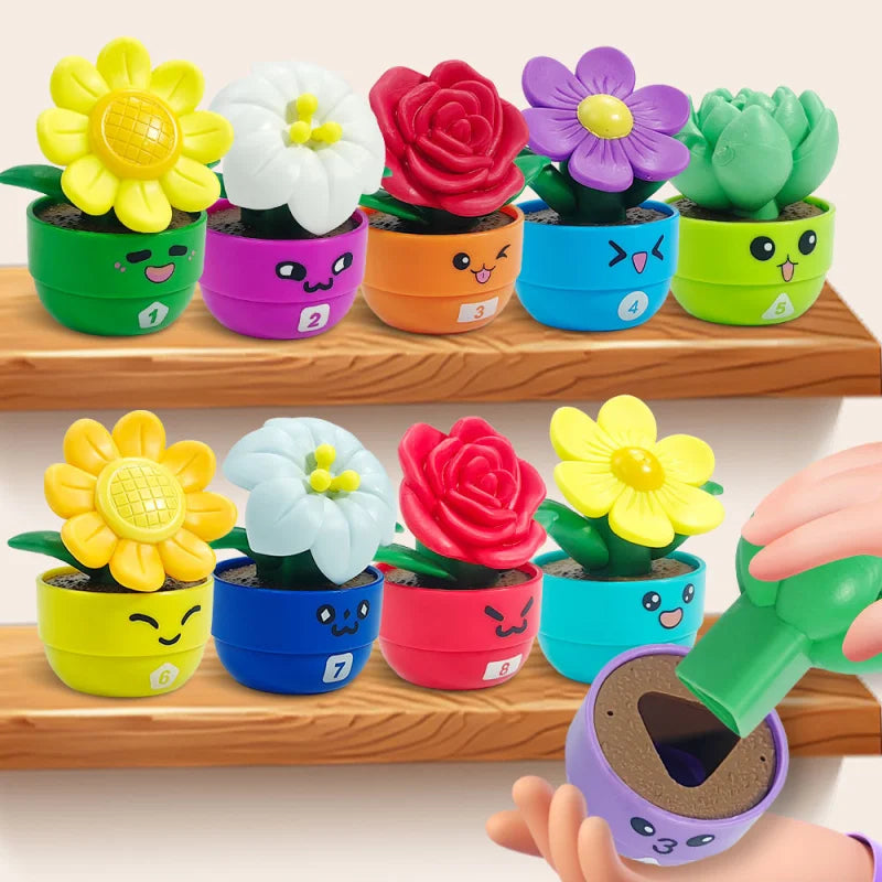 A collection of colorful potted flowers for a sorting and stacking toy, featuring various flower shapes and bright colors.