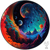 A vibrant, swirling cosmic scene featuring colorful planets and nebulae within a circular frame.