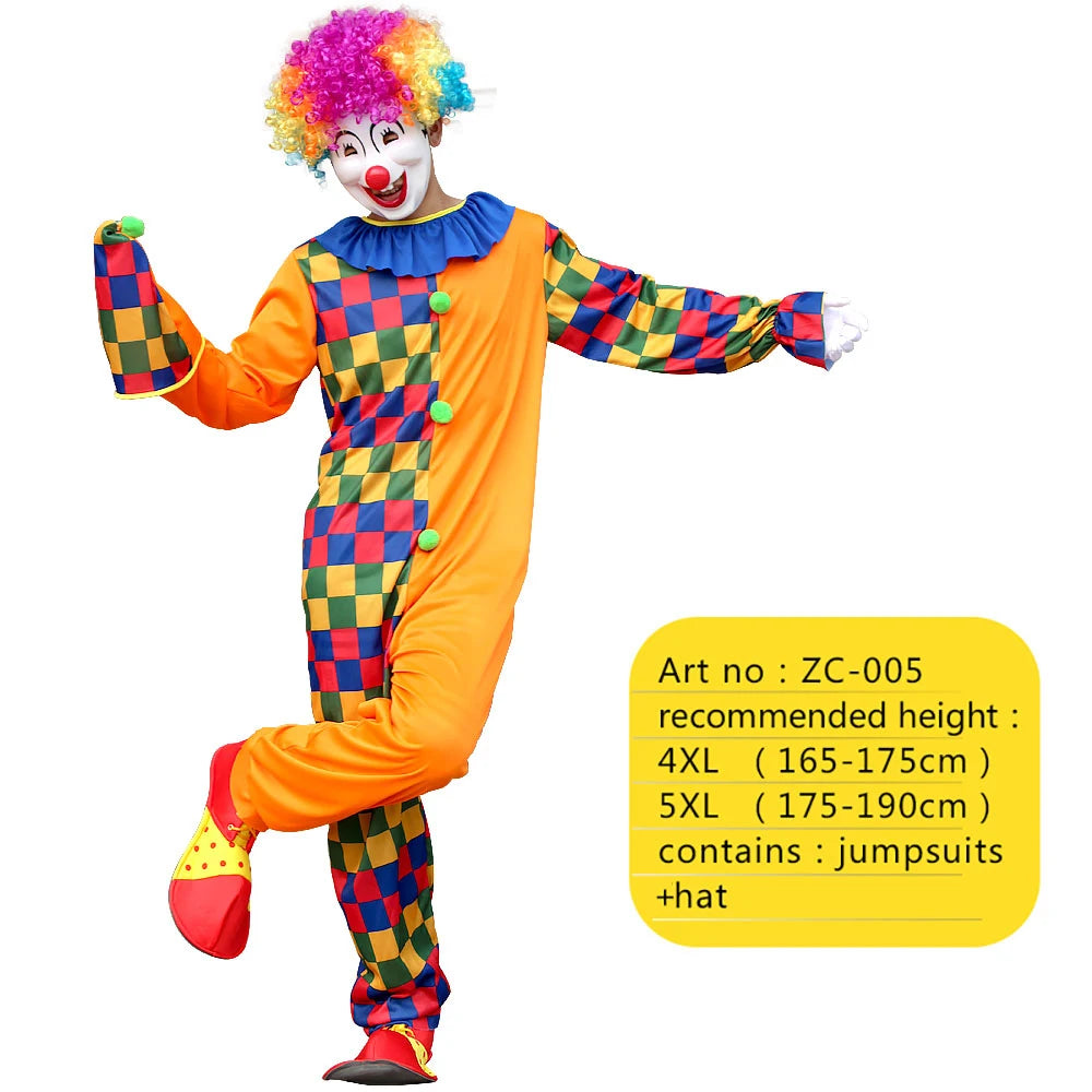 A full clown costume set featuring bright orange and checkered fabric with a colorful wig and face paint.