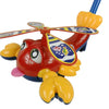 Helles rotes und gelbes Kinder-Pushflugzeugspielzeug mit Propeller und Zungenring-Anhängern.