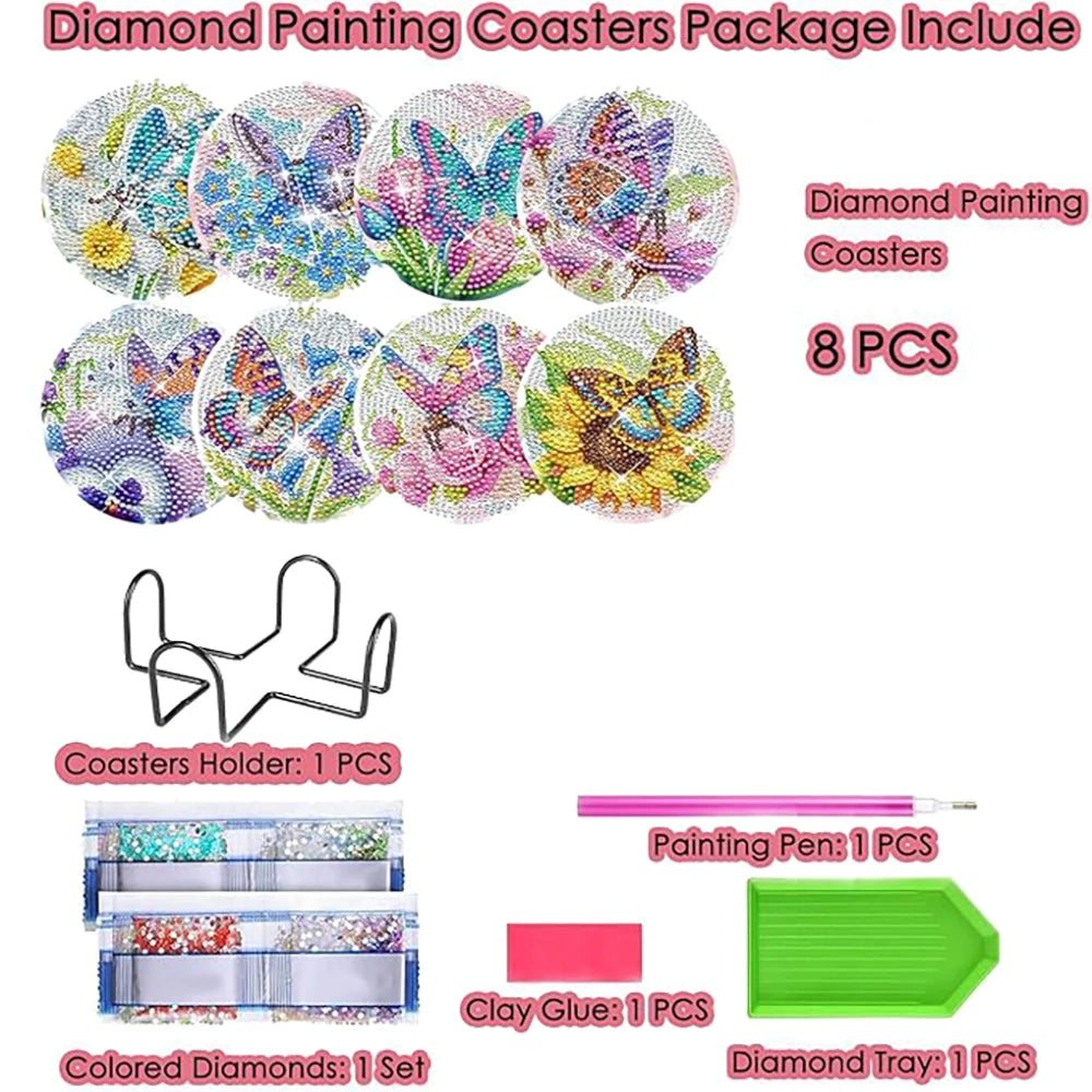 Diamond painting coasters package including 8 diamond painting coasters, a holder, and a clay glue set.