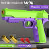 A lime green and purple plastic toy pistol in magazine version with empty cartridge cases and bomb drops shown.