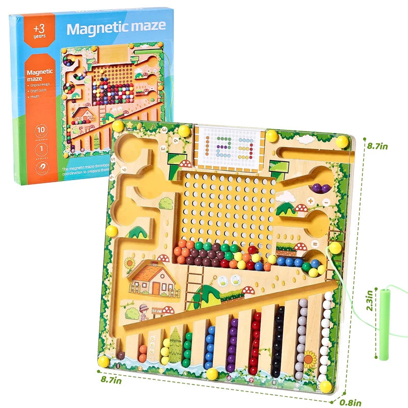 A wooden magnetic maze puzzle board for toddlers featuring various colors and numbers.