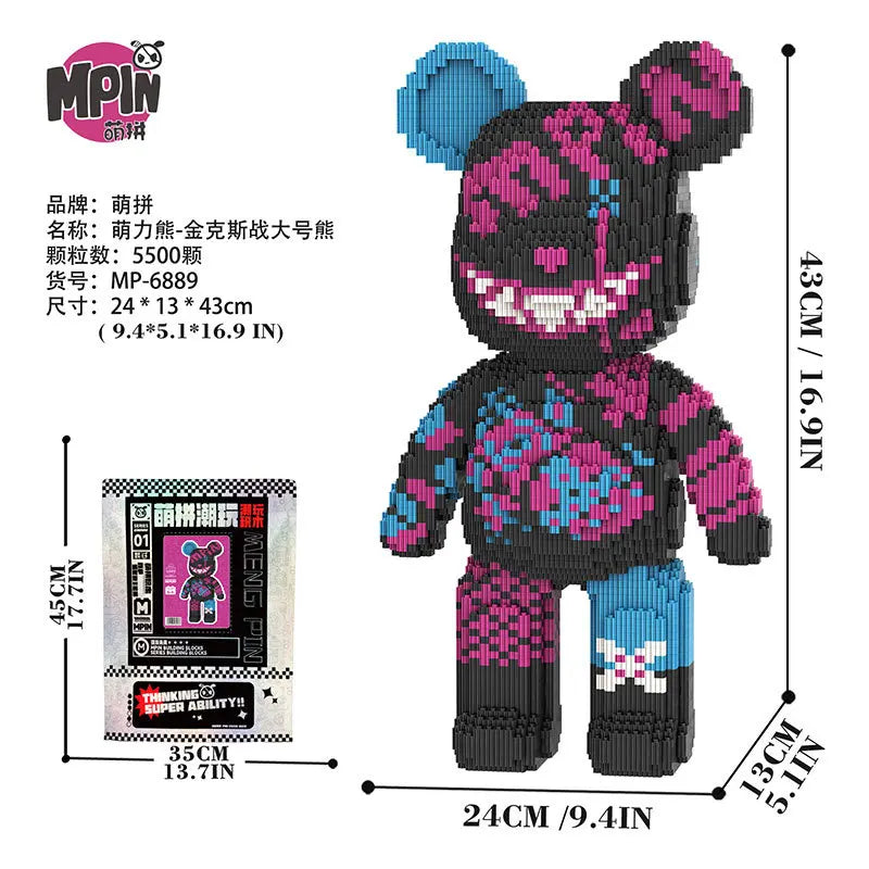 A black and pink graffiti art bear micro building block kit with blue ears and body.