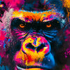 A vibrant, abstract painting of a gorilla's face with intense yellow and purple colors.