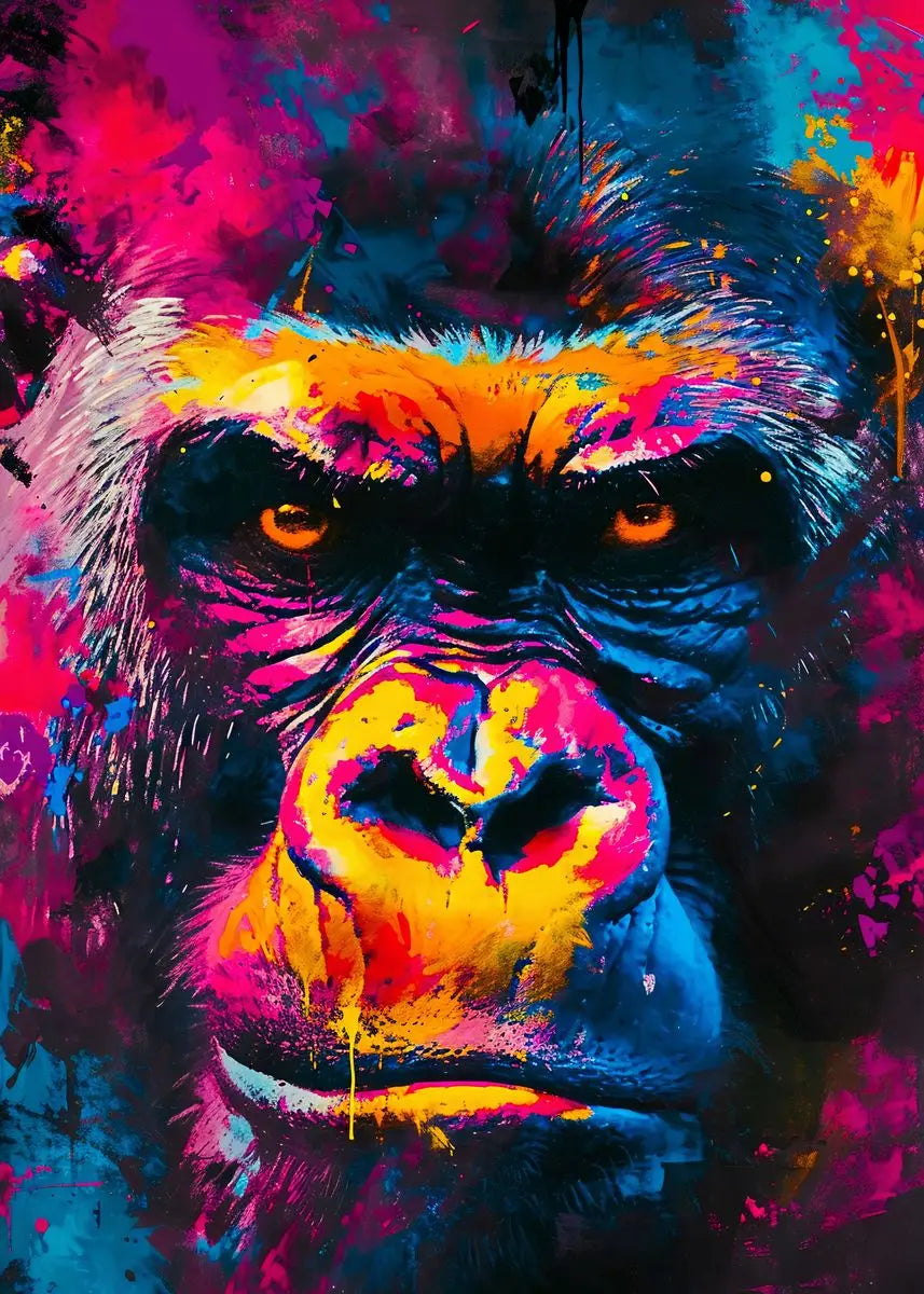 A vibrant, abstract painting of a gorilla's face with intense yellow and purple colors.