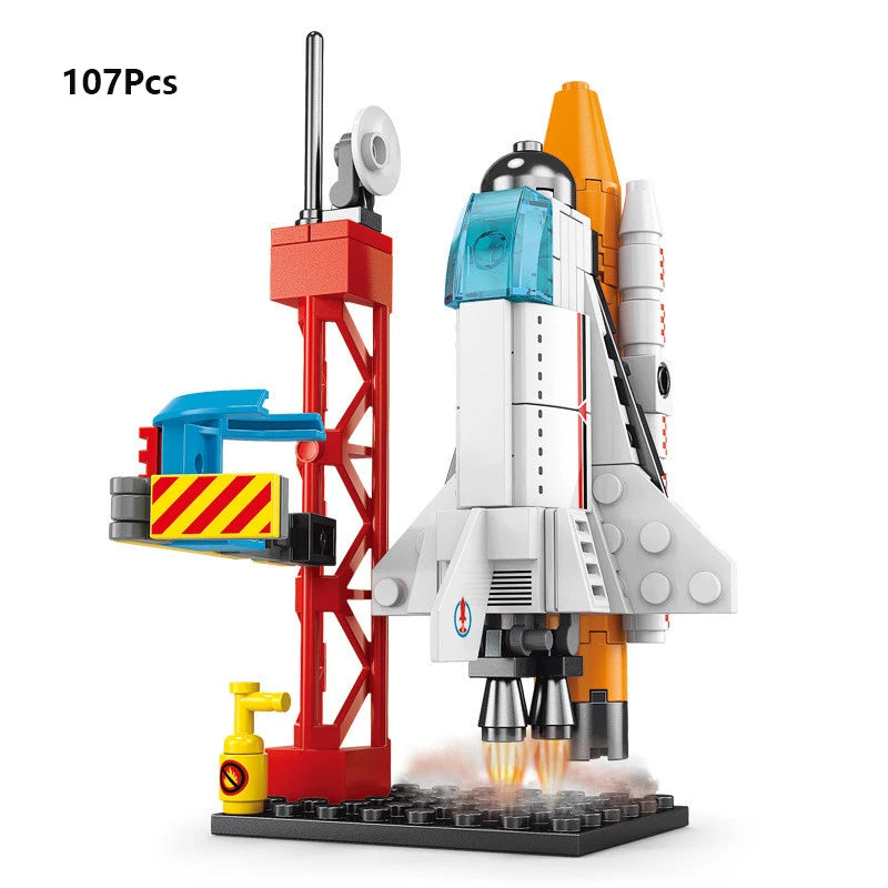 A 107-piece space rocket building blocks set featuring a launch center and various components.