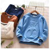 Light blue kids cartoon bear pullover sweatshirt displayed on a hanger against a neutral background.