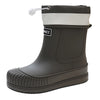 A gray waterproof rain boot with a white cuff and a black non-slip sole.