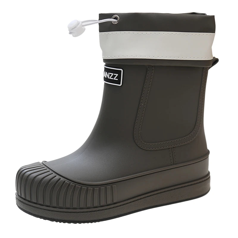 A gray waterproof rain boot with a white cuff and a black non-slip sole.