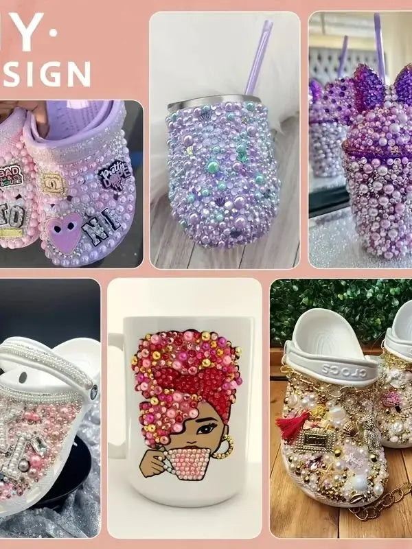A collection of pink and white resin crafts featuring various combinations of rhinestones and pearls for DIY projects.