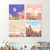 Four square paintings depicting pink and purple sunset landscapes with flowers and water.