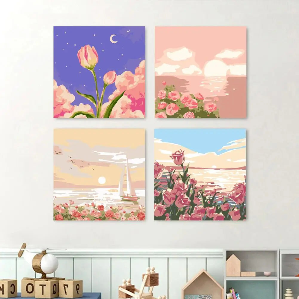 Four square paintings depicting pink and purple sunset landscapes with flowers and water.