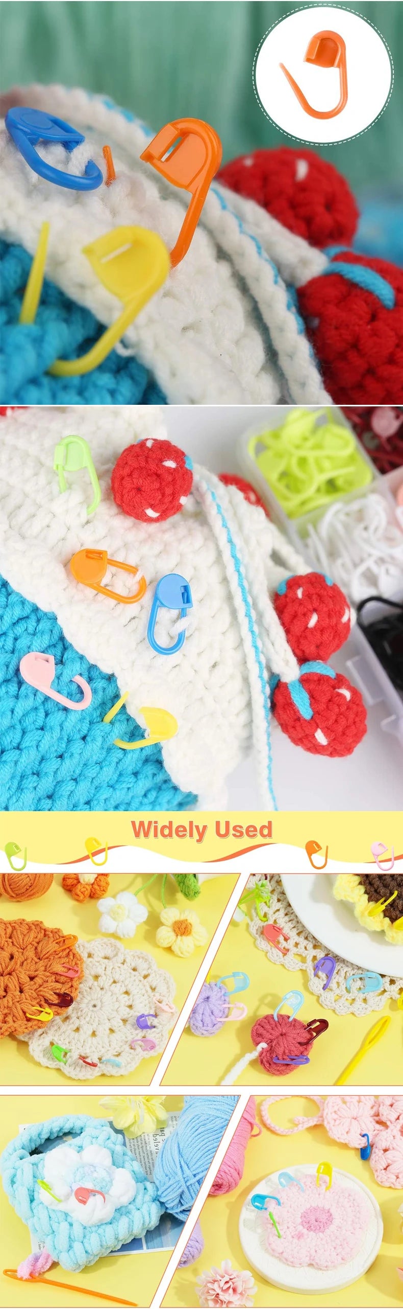 Colorful locking stitch markers in various colors are shown used for knitting and crochet projects.
