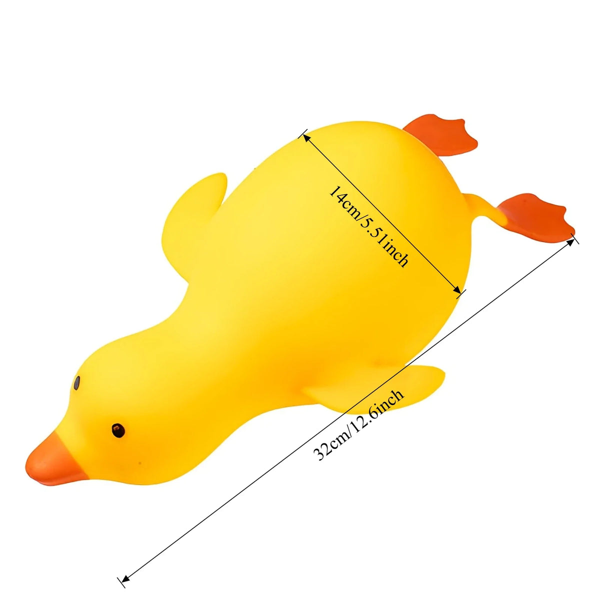 A bright yellow jumbo squishy duck fidget toy with orange feet, showing its size dimensions.