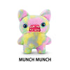 A soft, colorful plush monster toy with pink and yellow fur and a wide, toothy grin.