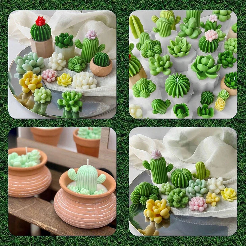 A collection of green and pink silicone cactus and succulent molds used for crafting candles, soap, and plaster.