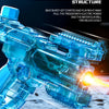A close-up of a blue mechanical deformation structure water gun being fired, showing a bright stream of water.