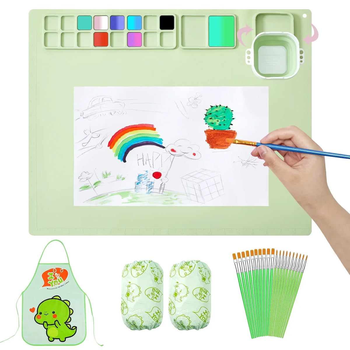 A green silicone painting mat set featuring a watercolor palette, paint colors, and brushes for kids' art.