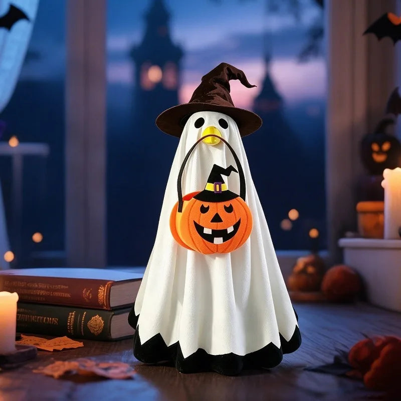 A white ghost costume with black trim and a pumpkin face is displayed in a dark, festive Halloween setting.