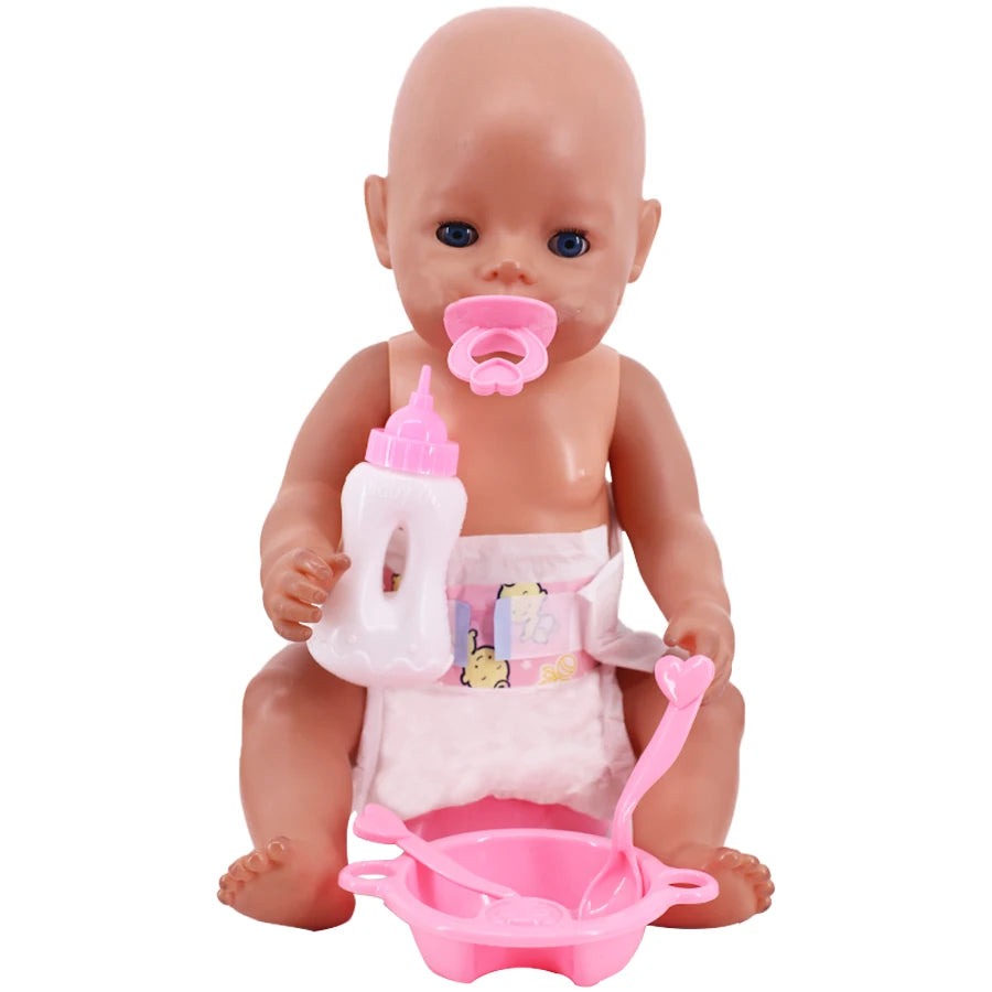 A baby doll with a pink bottle and feeding accessories, including a pink bowl.