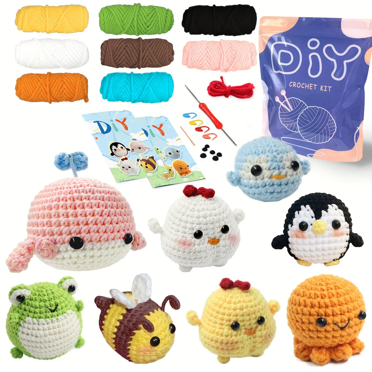 Collection d'aiguilles et outils de crochet pour créer des animaux amigurumi, avec divers fils colorés et aiguilles.