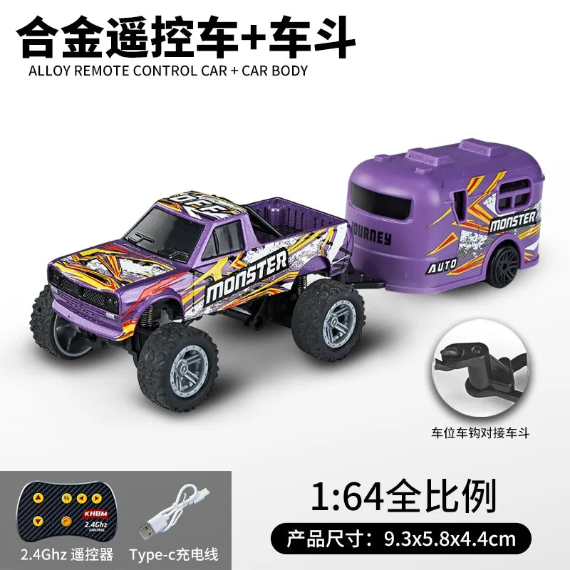 A purple Monster truck remote control car and its car body are shown with a close-up of the battery.