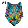 A detailed, colorful wooden puzzle depicting a fierce wolf head with intricate patterns and vibrant blues, greens, and yellow