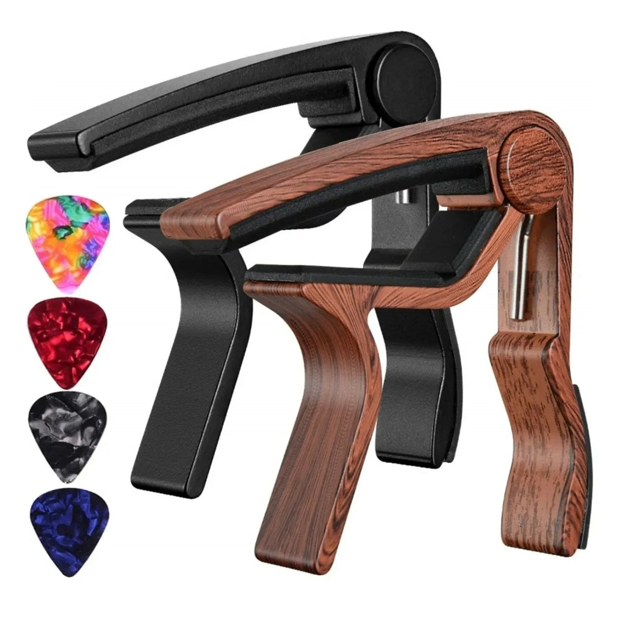 A rosewood guitar capo with five picks shown in a close-up view.