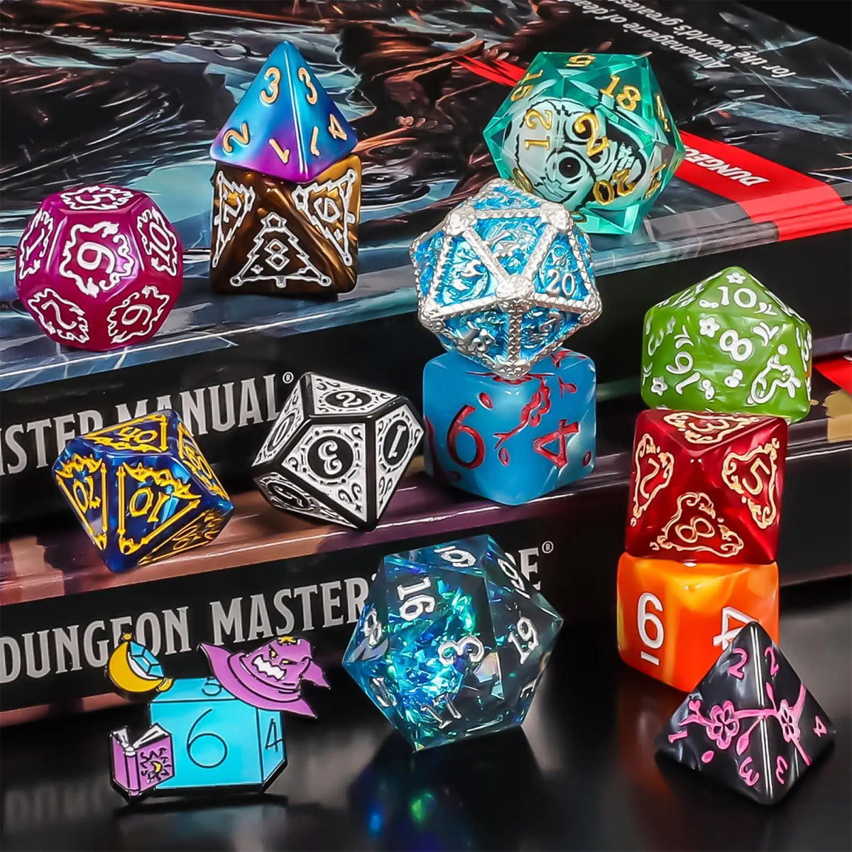A collection of colorful and festive dice, including a dodecahedron and a tetrahedron, arranged on a dark surface.