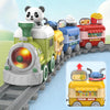 A set of electric steam train toys featuring magnetic cars, including a panda engine and various food-themed trains.
