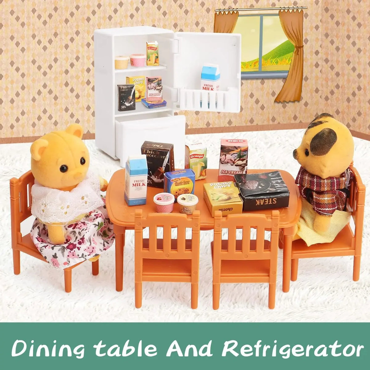 A dollhouse furniture set featuring a dining table and refrigerator with miniature kitchen items.