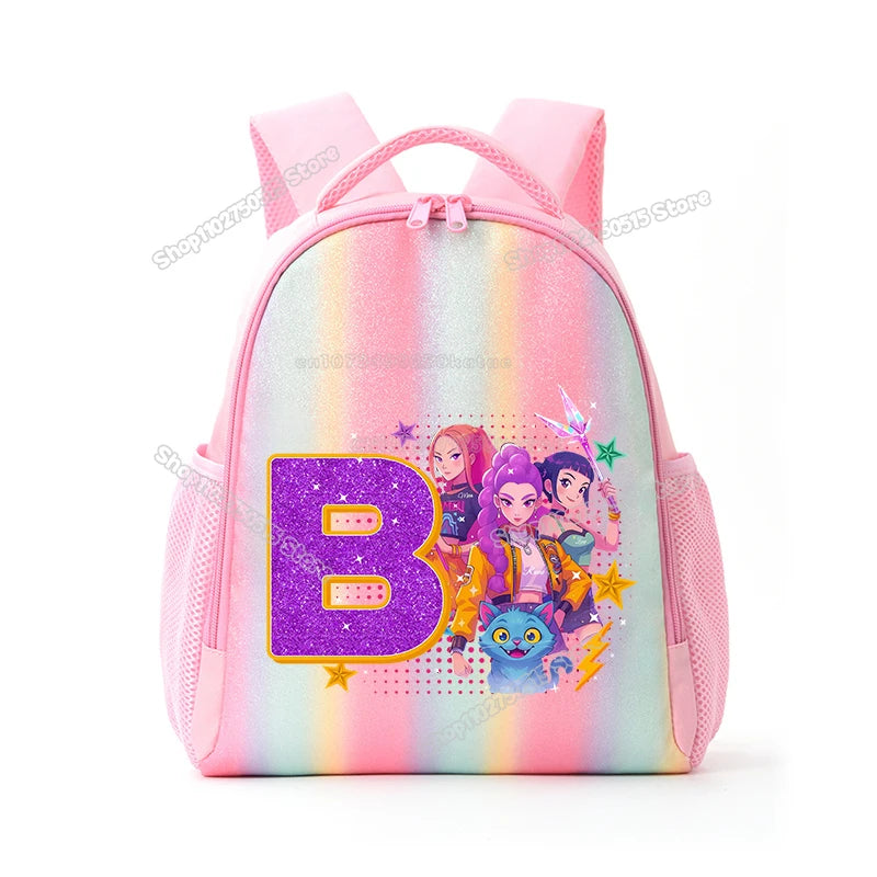 Pink backpack featuring a large purple letter B and anime characters with rainbow accents