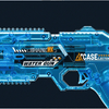 A close-up view of a blue electric water gun with a shark design and ejection mechanism.
